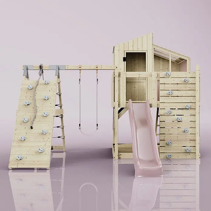 OutdoorToys Klettergerüst Julie - 399 x 414 x 291 cm, Holz, Rosa - Spielplatz aus Holz mit naturbelassenem Spielhaus, rosa Rutsche, zwei Kletterwänden und zwei Schaukeln.