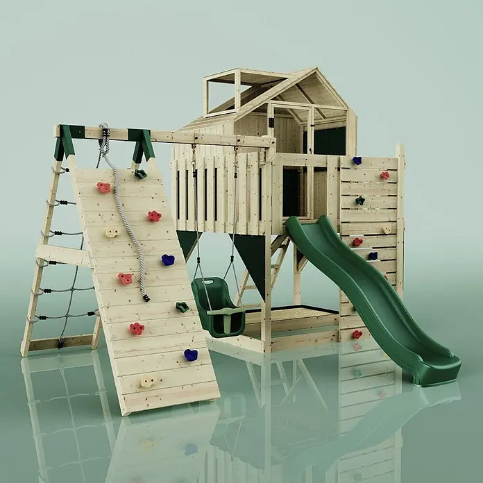 OutdoorToys Klettergerüst Anika - 399 x 414 x 291 cm, Holz, Grün - Holzspielplatz für Kinder mit Spielhaus, grüner Rutsche, Kletterwand mit bunten Griffen, Seilnetz und Schaukel.