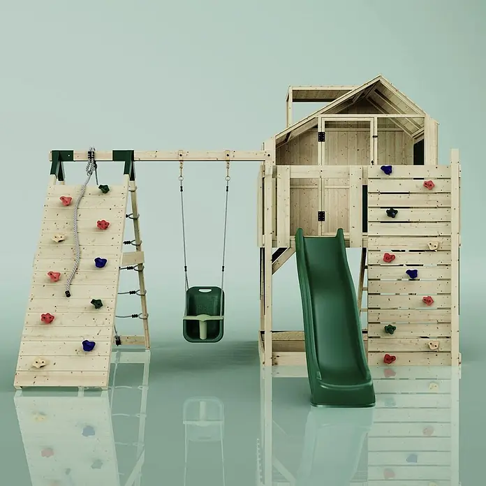 OutdoorToys Klettergerüst Anika - 399 x 414 x 291 cm, Holz, Grün - Hölzernes Kinderspielgerät mit grüner Rutsche, Schaukel und Kletterwänden mit bunten Griffen.