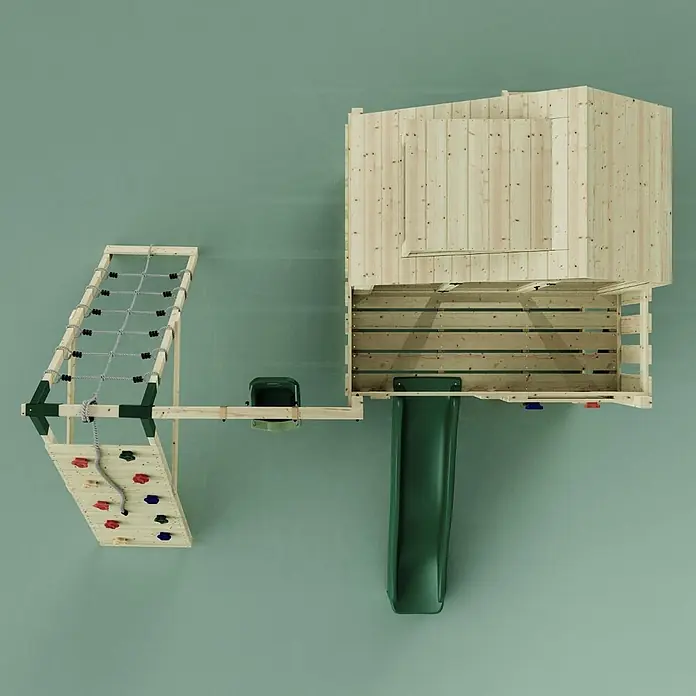 OutdoorToys Klettergerüst Anika - 399 x 414 x 291 cm, Holz, Grün - Holzspielplatz mit grüner Rutsche, Kletternetz, Kletterwand, Spielturm und kleinem Eimersitz.