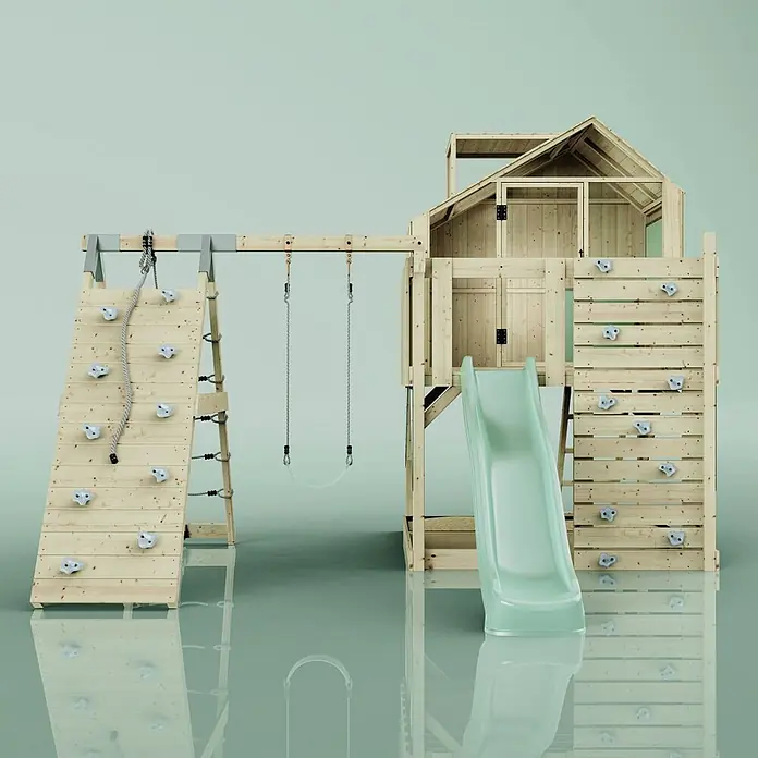 OutdoorToys Klettergerüst Anika - 399 x 414 x 291 cm, Holz, Grün - Holzspielturm mit Kletterwand, Schaukeln, Spielhaus und grüner Rutsche für Kinder.