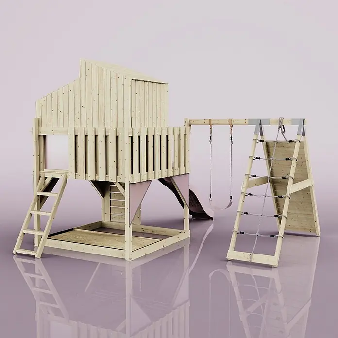 OutdoorToys Klettergerüst Julie - 399 x 414 x 291 cm, Holz, Rosa - Hölzernes Outdoor-Spielset mit Spielhaus, Rutsche, Schaukeln und Kletternetz, aus hellem Holz mit rosa Akzenten.