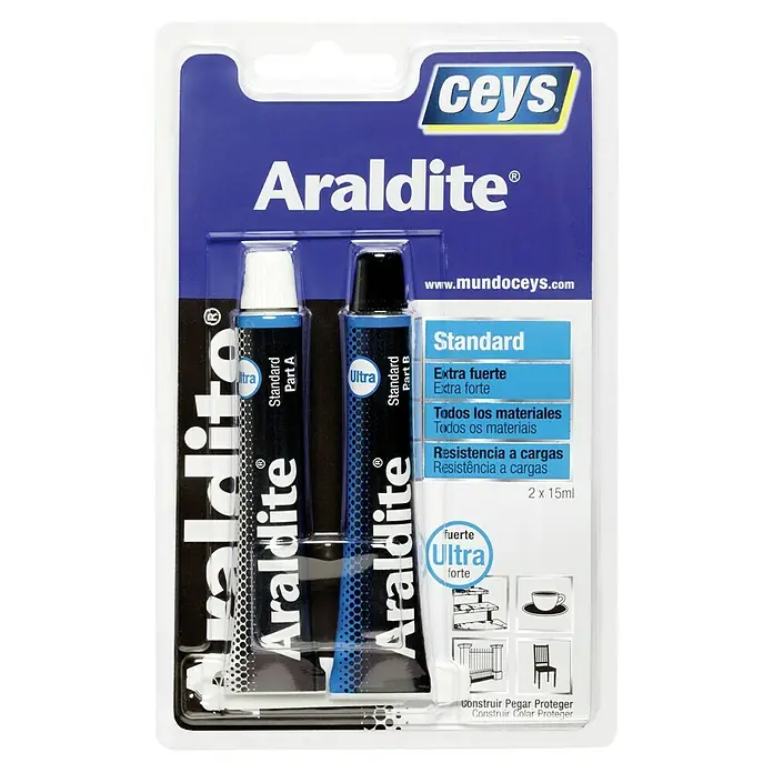 Ceys Adhesivo de resina epoxi de 2 componentes Araldite Standard - 30 ml, Amarillo - Adhesivo estándar Araldite: Dos tubos de adhesivo fuerte para diversos materiales, ideal para reparaciones y manualidades.