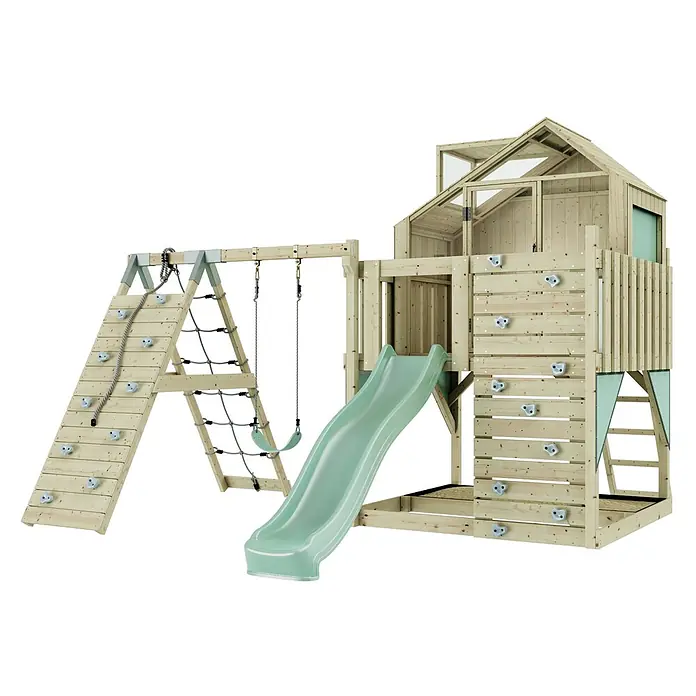 OutdoorToys Klettergerüst Anika - 399 x 414 x 291 cm, Holz, Grün - Hölzernes Spielgerüst mit hellgrüner Rutsche, Schaukeln, Kletterwänden und Spielhaus.