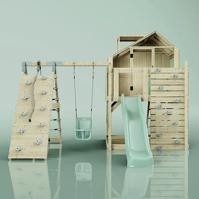 OutdoorToys Klettergerüst Anika - 399 x 414 x 291 cm, Holz, Grün - Hölzerner Spielturm mit Haus, hellgrüner Rutsche, Schaukel und zwei Kletterwänden mit Griffen und Seil.