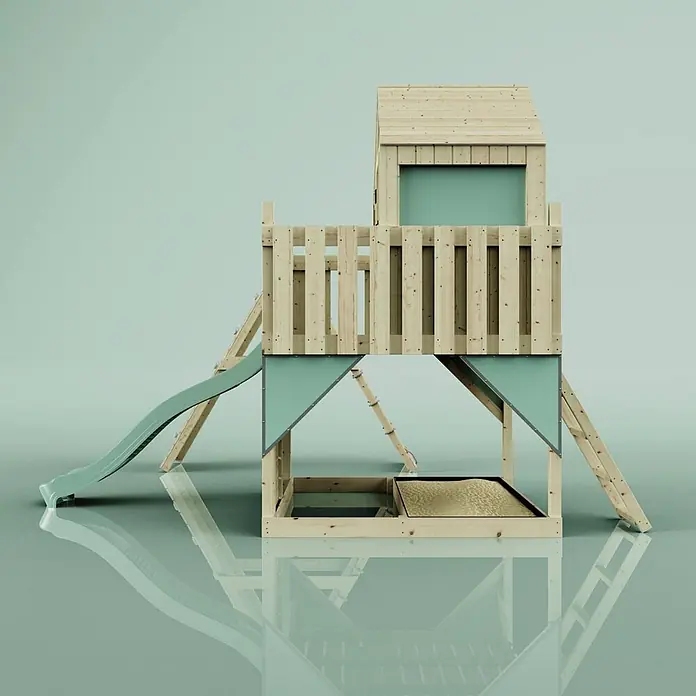 OutdoorToys Klettergerüst Anika - 399 x 414 x 291 cm, Holz, Grün - Holzspielplatz mit hellgrüner Rutsche, erhöhtem Spielhaus und integriertem Sandkasten für Kinder.
