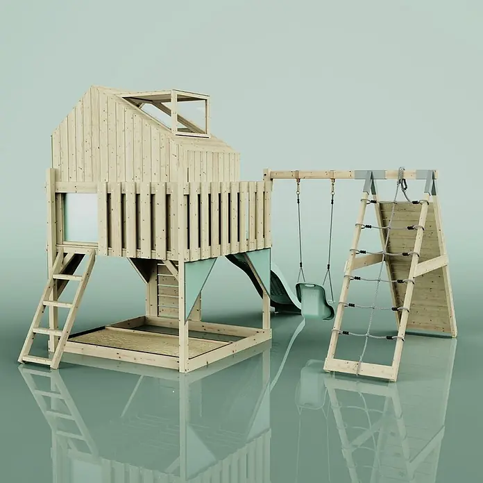 OutdoorToys Klettergerüst Anika - 399 x 414 x 291 cm, Holz, Grün - Hölzernes Kinderspielhaus mit Rutsche, Schaukeln und Kletterwand, inklusive erhöhtem Spielturm und Sandkasten.
