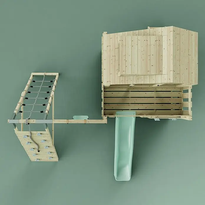 OutdoorToys Klettergerüst Anika - 399 x 414 x 291 cm, Holz, Grün - Hölzernes Kinderspielgerüst mit Kletternetz, Kletterwand und grüner Rutsche.