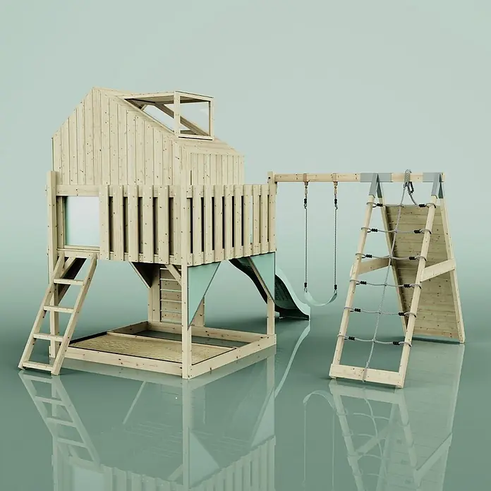 OutdoorToys Klettergerüst Anika - 399 x 414 x 291 cm, Holz, Grün - Hölzerner Spielplatz mit Spielhaus, Rutsche, Schaukel, Kletternetz und Sandkastenbereich. Helle Naturholz-Optik.