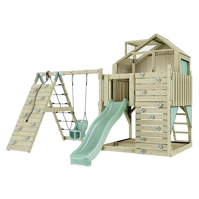 OutdoorToys Klettergerüst Anika - 399 x 414 x 291 cm, Holz, Grün - Hölzernes Spielplatz-Set mit hellgrüner Rutsche und Schaukel, Kletterwand und Netz, inklusive mehrstöckigem Spielhaus.