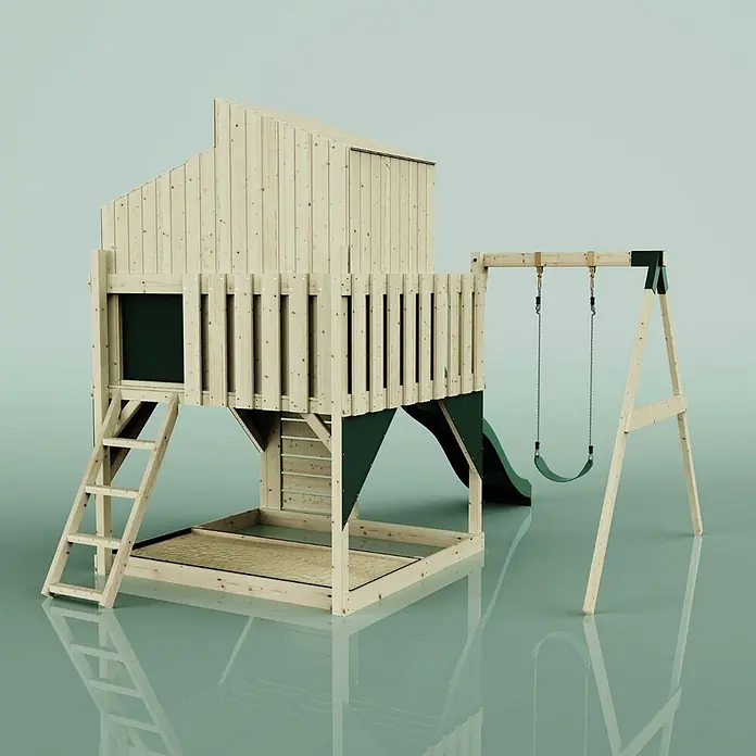 OutdoorToys Klettergerüst Lotta - 308 x 414 x 291 cm, Holz, Grün - Hölzernes Kinderspielhaus mit Rutsche, zwei Schaukeln und Sandkasten-Basis. Hellbraunes Holz und dunkelgrüne Akzente.