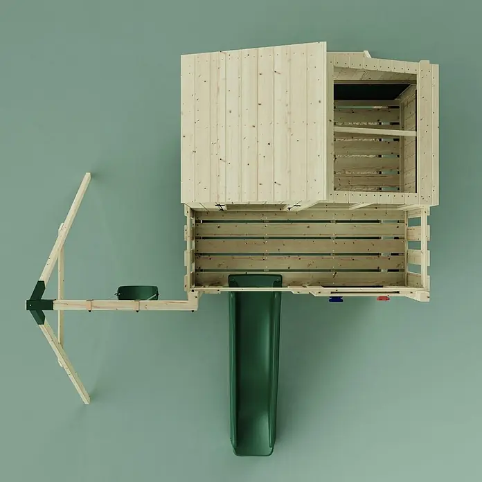 OutdoorToys Klettergerüst Lotta - 308 x 414 x 291 cm, Holz, Grün - Kompaktes Holzspielhaus mit grüner Rutsche, offener Kiste und Holzrahmen mit Eimer, von oben gesehen.