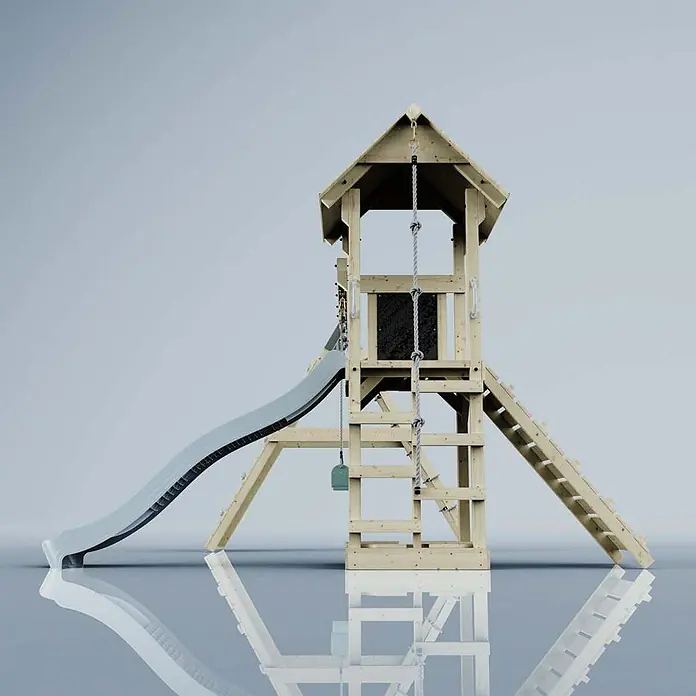 OutdoorToys Klettergerüst Kiruna - Holz, Blau - Spielturm aus Holz mit grauer Wellenrutsche, schwarzer Kletterwand und Seilleiter.