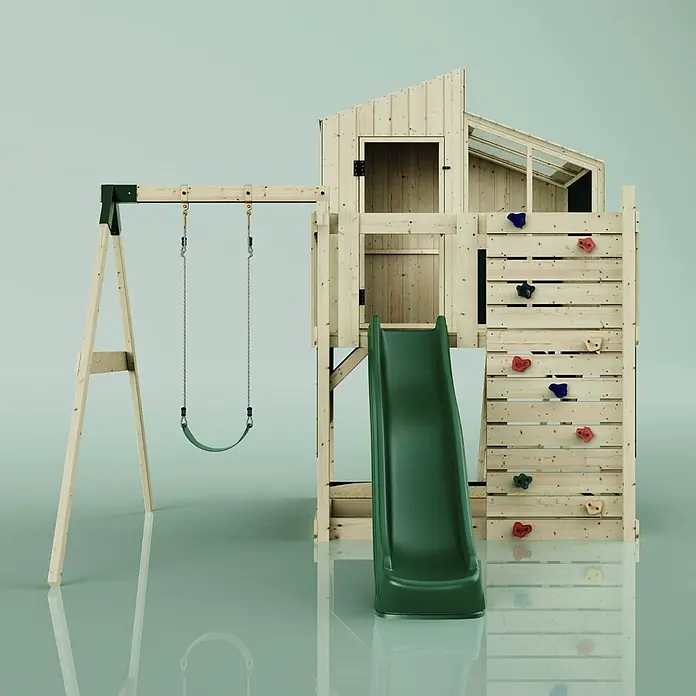 OutdoorToys Klettergerüst Lotta - 308 x 414 x 291 cm, Holz, Grün - Holzspielturm mit grüner Rutsche, Schaukel und Kletterwand mit bunten Griffen.
