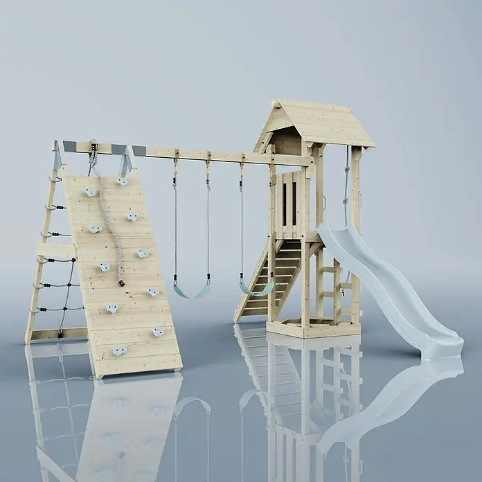 OutdoorToys Klettergerüst Kiruna - Holz, Blau - Hölzerner Spielturm mit Rutsche, zwei Schaukeln, Kletterwand und Strickleiter für den Garten.