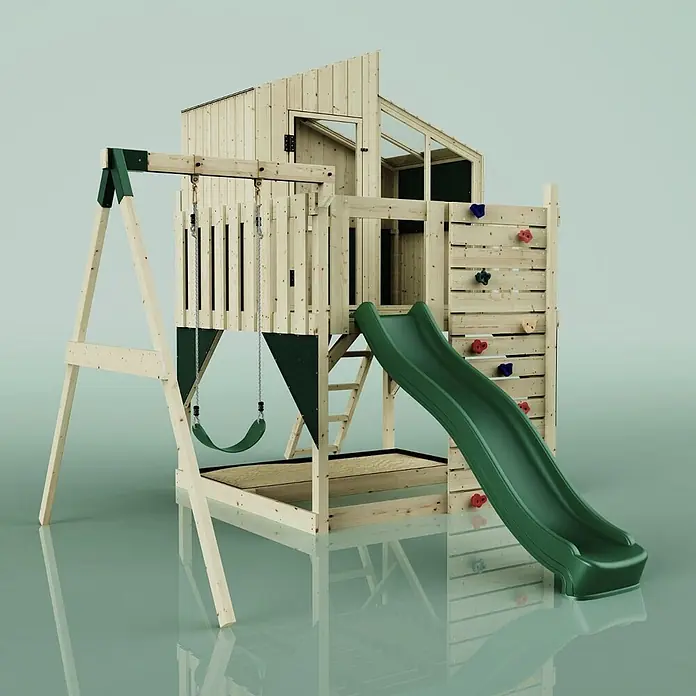 OutdoorToys Klettergerüst Lotta - 308 x 414 x 291 cm, Holz, Grün - Hölzernes Kinderspielhaus mit grüner Rutsche, Schaukel und Kletterwand.