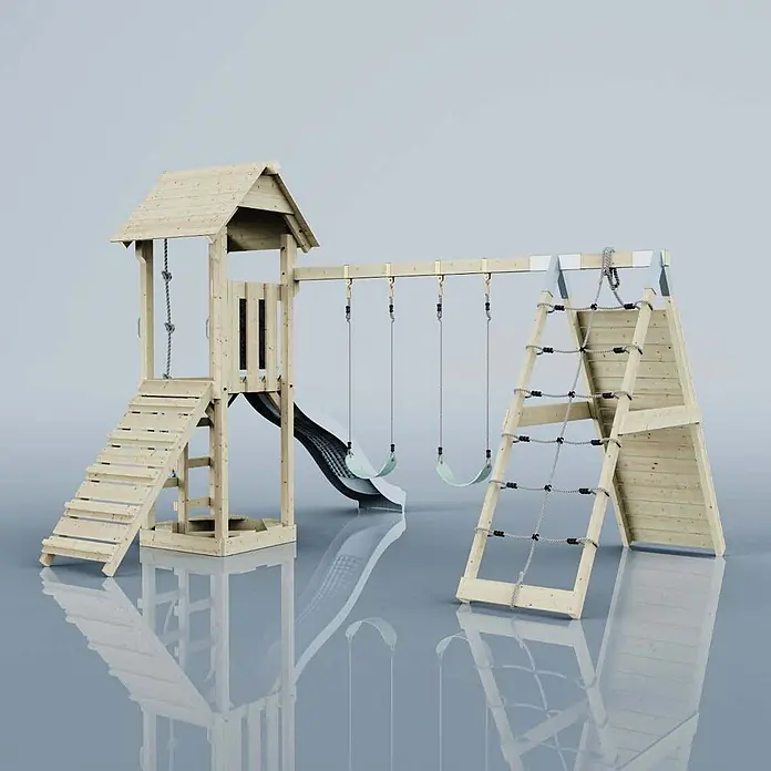 OutdoorToys Klettergerüst Kiruna - Holz, Blau - Hölzernes Spielplatzset mit Turm, Rutsche, zwei Schaukeln und Kletternetz aus Seil.