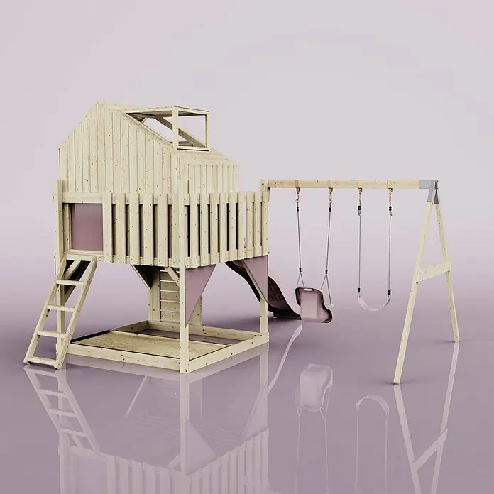 OutdoorToys Klettergerüst Lasse - 399 x 414 x 291 cm, Holz, Rosa - Holzspielplatz mit Spielhaus, Rutsche und rosa Schaukeln, ideal für draußen.