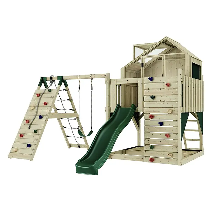 OutdoorToys Klettergerüst Anika - 399 x 414 x 291 cm, Holz, Grün - Hölzerner Spielplatz mit Spielhaus, grüner Rutsche, Schaukel, Kletterwand mit farbigen Griffen und Seilnetz.