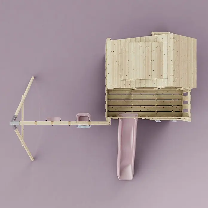 OutdoorToys Klettergerüst Lasse - 399 x 414 x 291 cm, Holz, Rosa - Holzspielhaus mit rosa Rutsche, Klettergerüst und kleinen rosa Accessoires.