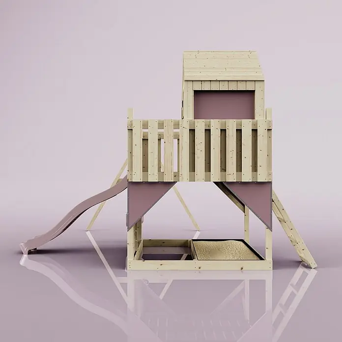 OutdoorToys Klettergerüst Lasse - 399 x 414 x 291 cm, Holz, Rosa - Spielturm aus Holz mit altrosa Akzenten, Rutsche und integriertem Sandkasten.
