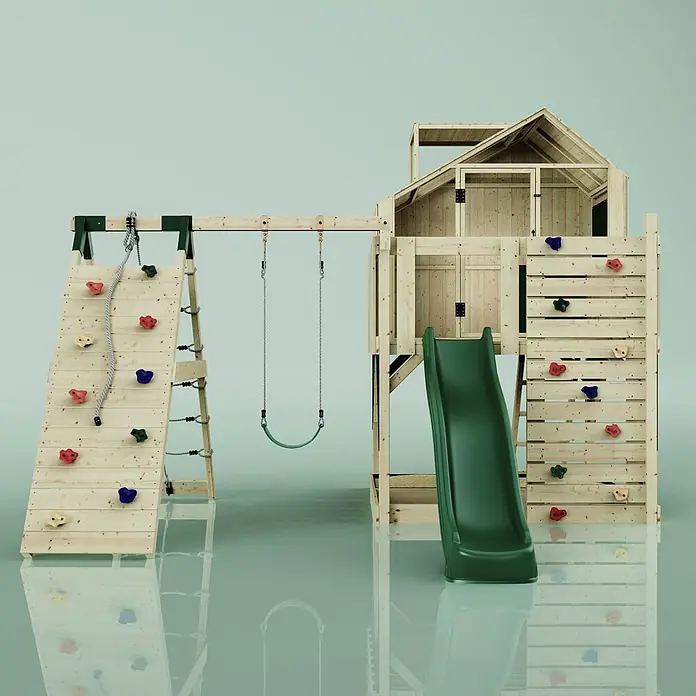 OutdoorToys Klettergerüst Anika - 399 x 414 x 291 cm, Holz, Grün - Hölzernes Outdoor-Spielplatzset mit Spielhaus, grüner Rutsche, Schaukel und zwei Kletterwänden mit bunten Griffen.