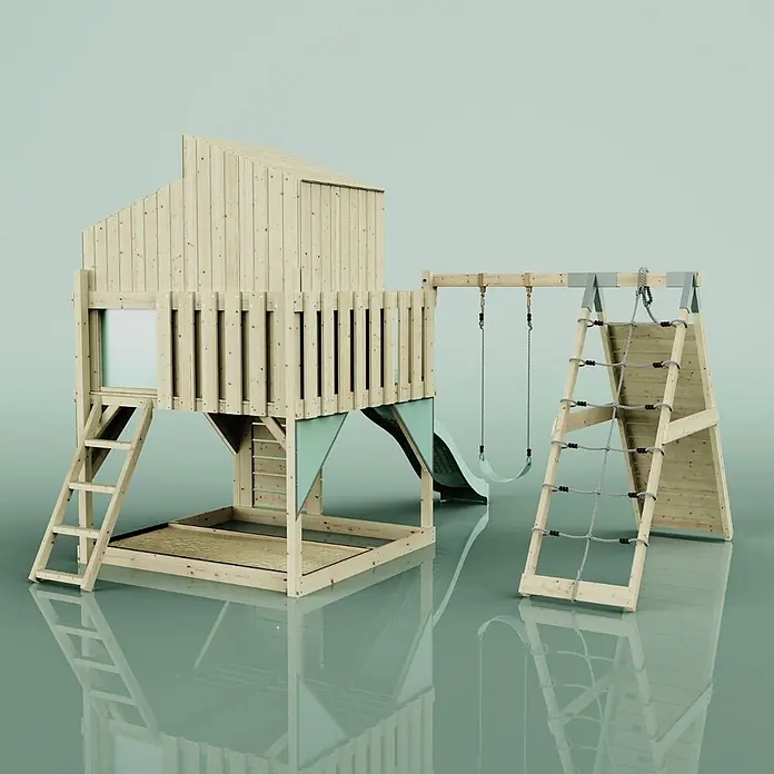 OutdoorToys Klettergerüst Julie - 399 x 414 x 291 cm, Holz, Grün - Hölzernes Spielgerät für draußen mit Haus, Rutsche, Schaukeln, Kletternetz und Sandkasten. Naturholz mit hellgrünen Akzenten.