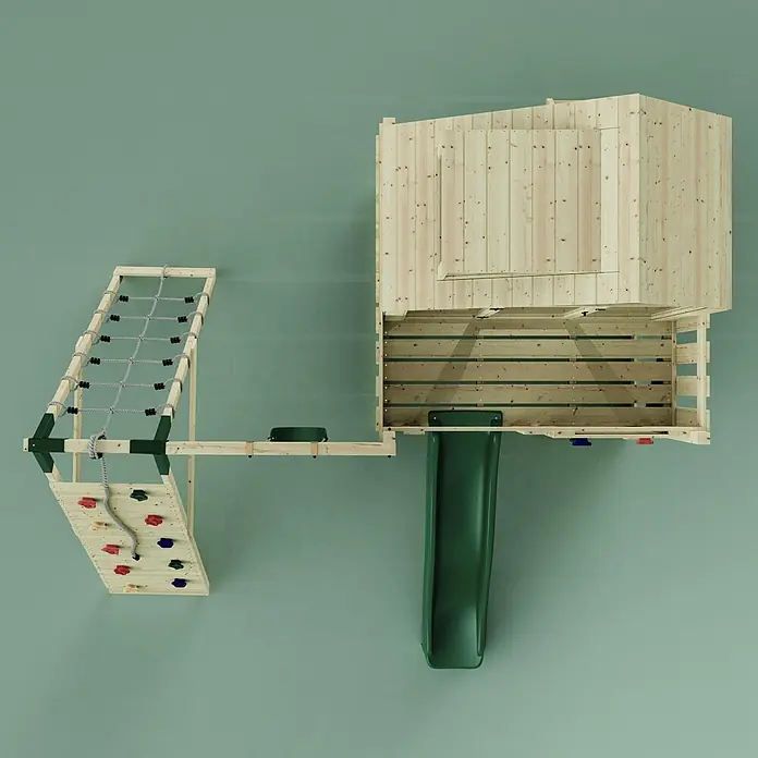 OutdoorToys Klettergerüst Anika - 399 x 414 x 291 cm, Holz, Grün - Holzspielturm mit Kletterwand, Seilnetz, Spielhaus und grüner Rutsche.