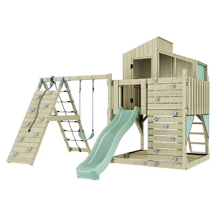 OutdoorToys Klettergerüst Julie - 399 x 414 x 291 cm, Holz, Grün - Holzspielplatz-Set mit Kletterwand, Netzleiter, Schaukeln, hellgrüner Rutsche und erhöhtem Spielhaus.