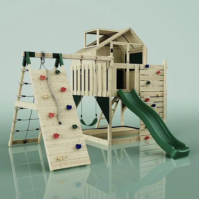 OutdoorToys Klettergerüst Anika - 399 x 414 x 291 cm, Holz, Grün - Outdoor-Spielplatz aus Naturholz mit grüner Rutsche, Schaukel, Kletterwand mit bunten Griffen und Spielhaus.