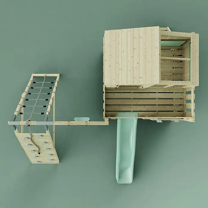 OutdoorToys Klettergerüst Julie - 399 x 414 x 291 cm, Holz, Grün - Spielturm aus Holz mit Kletternetz, Kletterwand, Baumhaus und hellgrüner Rutsche.