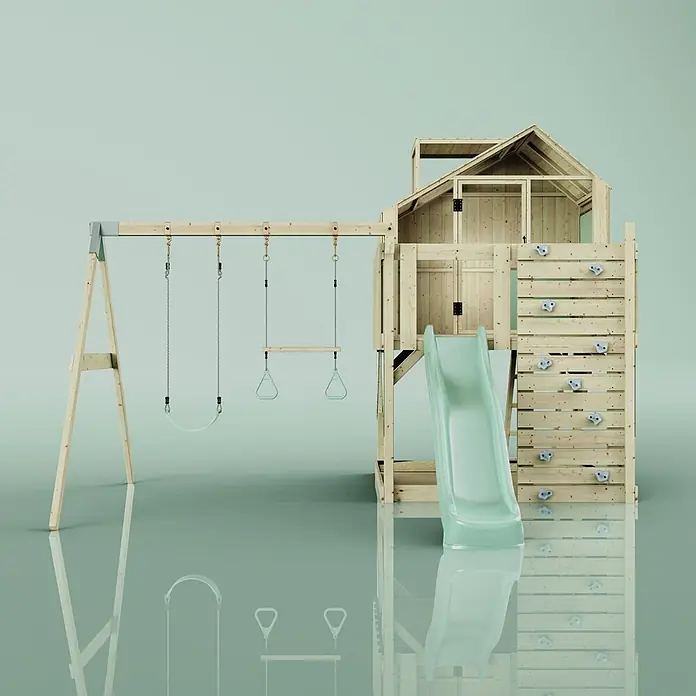 OutdoorToys Klettergerüst Lasse - 399 x 414 x 291 cm, Holz, Grün - Naturholz-Außenspielplatz mit Schaukeln, hellgrüner Rutsche, Kletterwand mit grauen Griffen und erhöhtem Spielhaus.