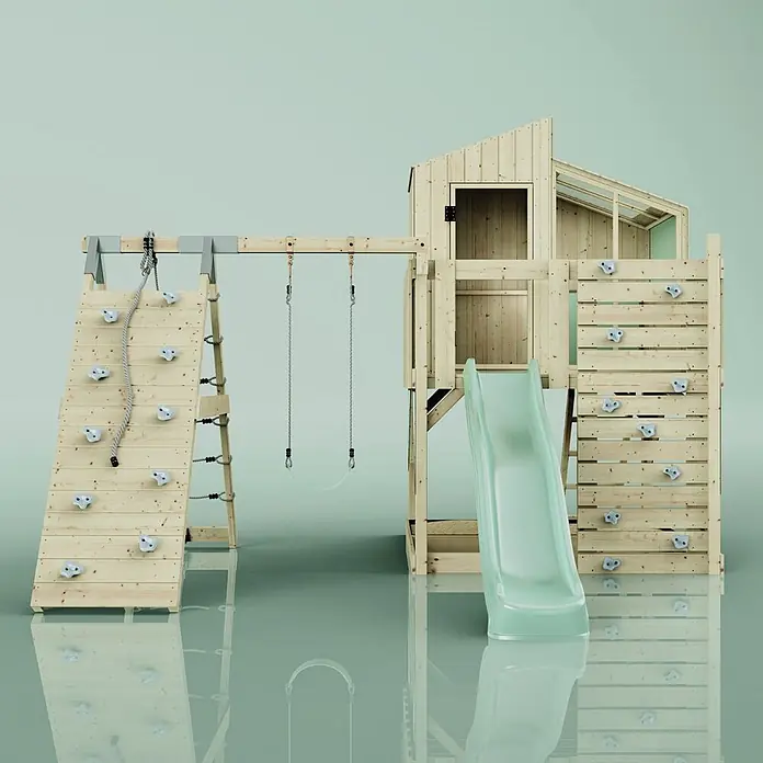 OutdoorToys Klettergerüst Julie - 399 x 414 x 291 cm, Holz, Grün - Hölzernes Outdoor-Spielset mit Kletterwand, Schaukelbalken, hellgrüner Rutsche und Spielhaus für Kinder.