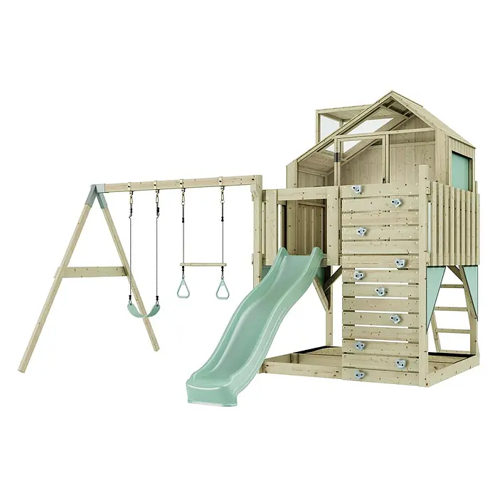OutdoorToys Klettergerüst Lasse - 399 x 414 x 291 cm, Holz, Grün - Hölzernes Spielturm mit hellgrüner Rutsche, Schaukeln, Kletterwand und Spielhaus.