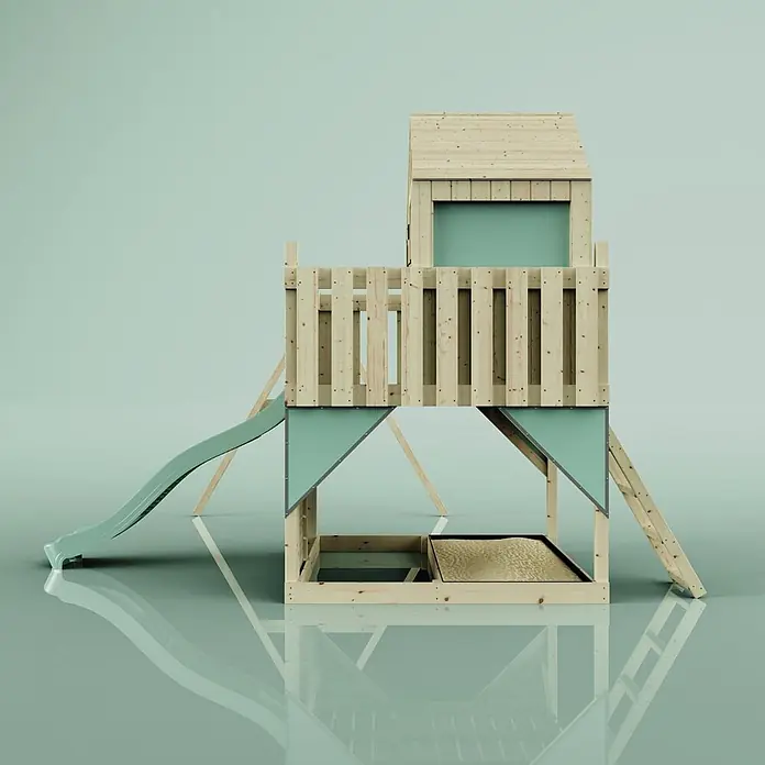 OutdoorToys Klettergerüst Lasse - 399 x 414 x 291 cm, Holz, Grün - Holzspielhaus mit hellgrüner Rutsche und integriertem Sandkasten für Kinder.