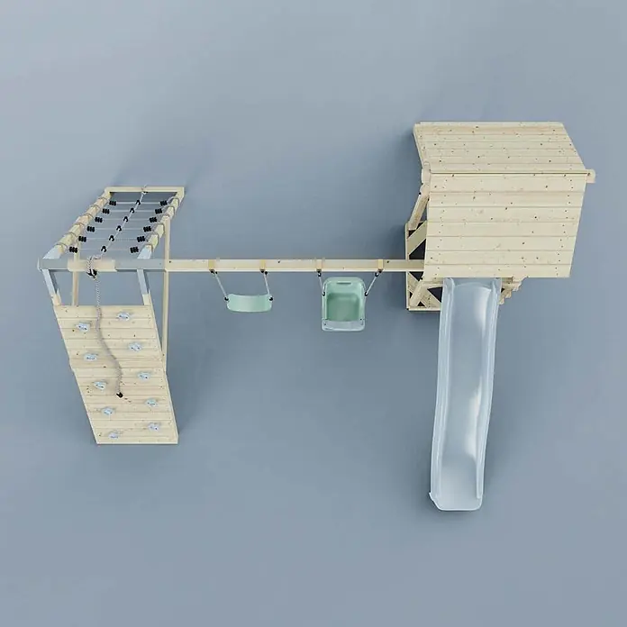 OutdoorToys Klettergerüst Kiruna - Holz, Blau - Hölzerner Kinderspielturm mit Kletterwand, Seilleiter, zwei Schaukeln, Spielhaus und klarer Rutsche.