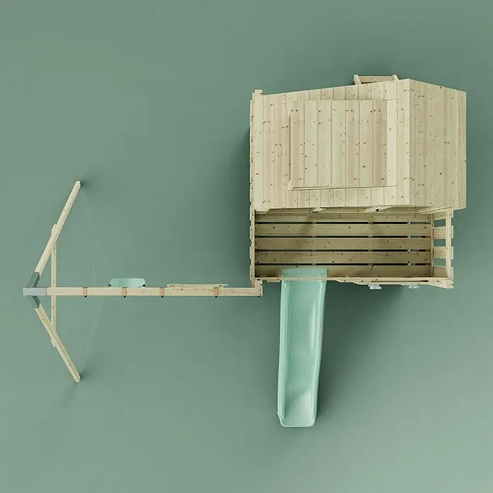 OutdoorToys Klettergerüst Lasse - 399 x 414 x 291 cm, Holz, Grün - Holzspielhaus mit grüner Rutsche und angeschlossener Kletter-/Balancierbalkenstruktur für draußen.
