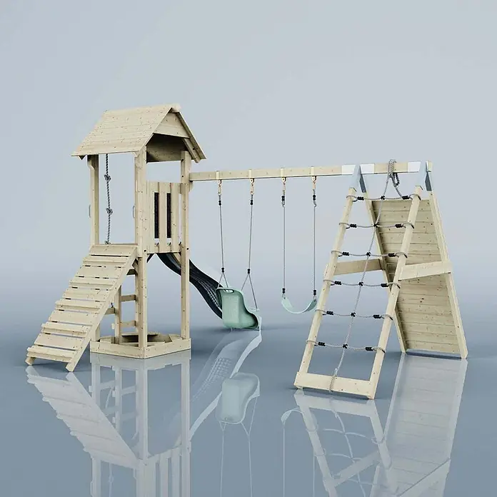 OutdoorToys Klettergerüst Kiruna - Holz, Blau - Spielturm aus Naturholz mit schwarzer Rutsche, zwei grünen Schaukeln & Kletternetz.