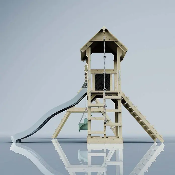 OutdoorToys Klettergerüst Kiruna - Holz, Blau - Holzspielturm mit hellgrauer Wellenrutsche, Kletterseil, Leiter und grünem Schaukelsitz.