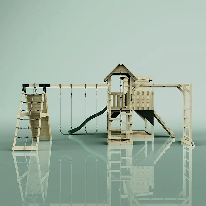 OutdoorToys Kinderspielturm Polarplay Lars - L x B x H: 562 x 503 x 274 cm, Grün - Mehrzweck-Holzspielplatz mit grüner Rutsche, Schaukeln, Seilleiter und Kletterwand.