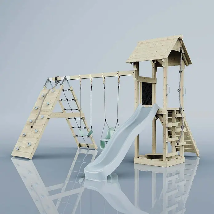 OutdoorToys Klettergerüst Kiruna - Holz, Blau - Heller Holzspielplatz mit Rutsche, zwei Schaukeln, Kletterwand mit Seil und Kletternetz.