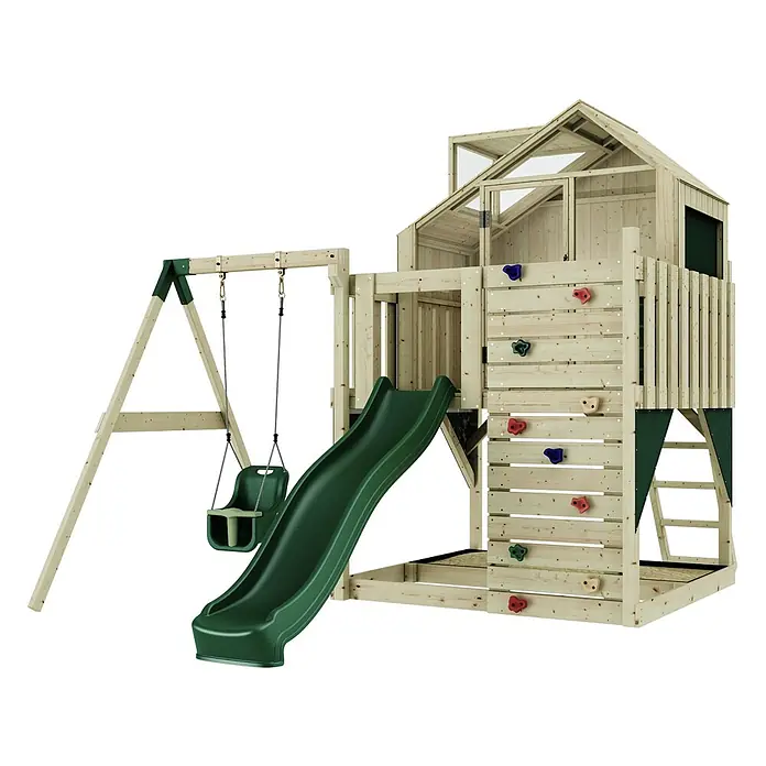 OutdoorToys Klettergerüst Madita - 308 x 414 x 291 cm, Holz, Grün - Spielturm aus Holz mit grüner Rutsche, Babyschaukel, Kletterwand und mehrstöckigem Spielhaus.