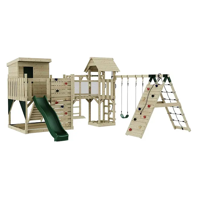 OutdoorToys Kinderspielturm Polarplay Lars - L x B x H: 562 x 503 x 274 cm, Grün - Holzspielplatz-Set mit mehreren Türmen, grüner Rutsche, Kletterwand, Kletternetz und Schaukeln.