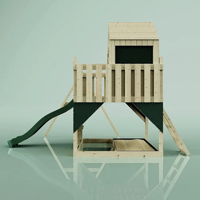 OutdoorToys Klettergerüst Madita - 308 x 414 x 291 cm, Holz, Grün - Spielturm aus Holz mit erhöhtem Spielhaus, dunkelgrüner Rutsche, Leiter und integriertem Sandkasten.