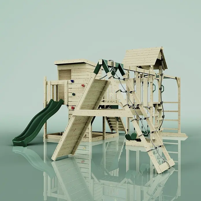 OutdoorToys Kinderspielturm Polarplay Lars - L x B x H: 562 x 503 x 274 cm, Grün - Spielturm aus Holz mit grüner Rutsche, Kletterwand, Strickleiter und Schaukeln.