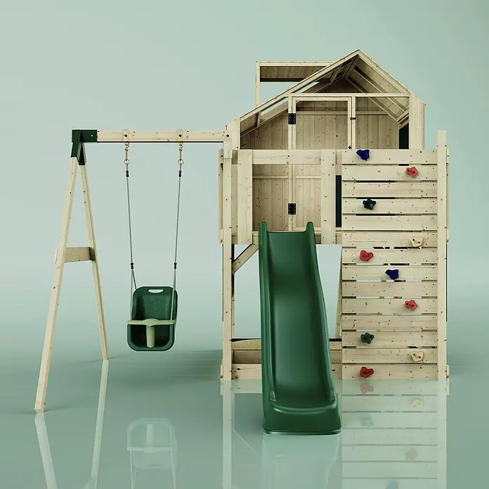 OutdoorToys Klettergerüst Madita - 308 x 414 x 291 cm, Holz, Grün - Hölzernes Spielgerät mit grüner Schaukel, Rutsche, Kletterwand mit bunten Griffen und erhöhtem Spielhaus für Kinder im Freien.