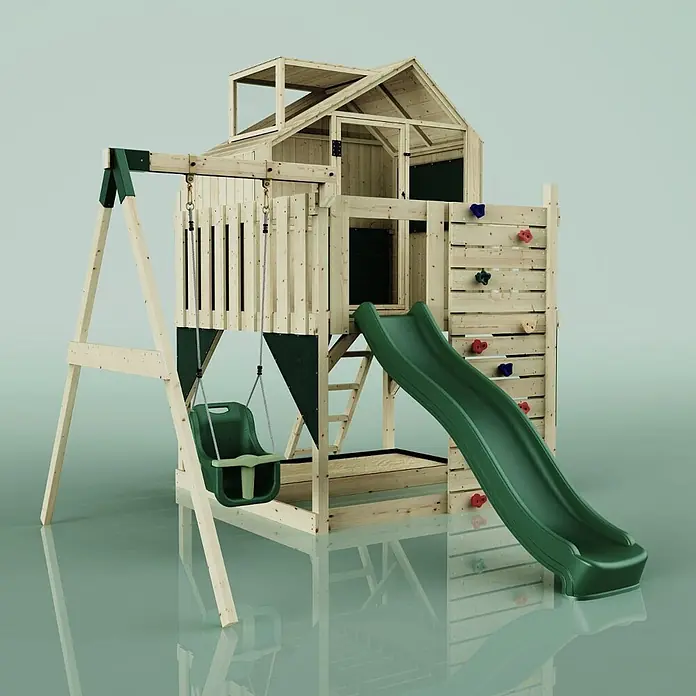 OutdoorToys Klettergerüst Madita - 308 x 414 x 291 cm, Holz, Grün - Holzspielplatz mit grüner Rutsche, grünem Schaukelsitz und Kletterwand.