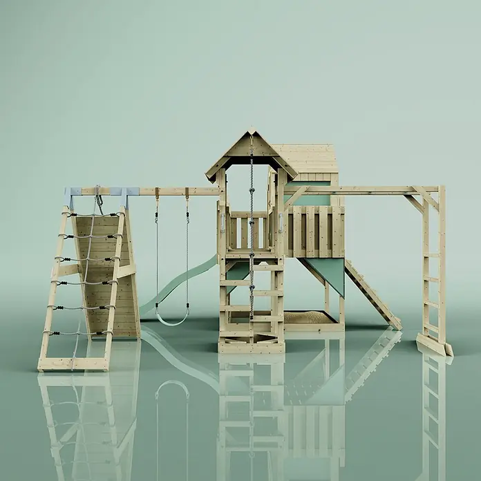 OutdoorToys Kinderspielturm Polarplay Bo Grün - Holz, Grün - Hölzernes Spielset mit hellgrüner Rutsche, zwei Schaukeln, Kletternetz und Seil.