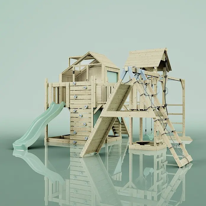 OutdoorToys Kinderspielturm Polarplay Bo - L x B x H: 490 x 503 x 291 cm, Grün - Hölzernes Kinderspielgerät mit hellgrüner Rutsche, Kletterwand und Strickleiter.