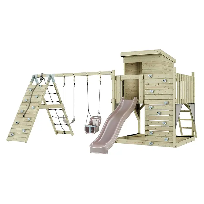 OutdoorToys Kinderspielturm Frida - L x B x H: 468 x 414 x 260 cm, Rosa - Hölzernes Outdoor-Spielset mit Kletterwand, Netz, zwei Schaukeln und brauner Rutsche, inklusive erhöhtem Spielhaus.